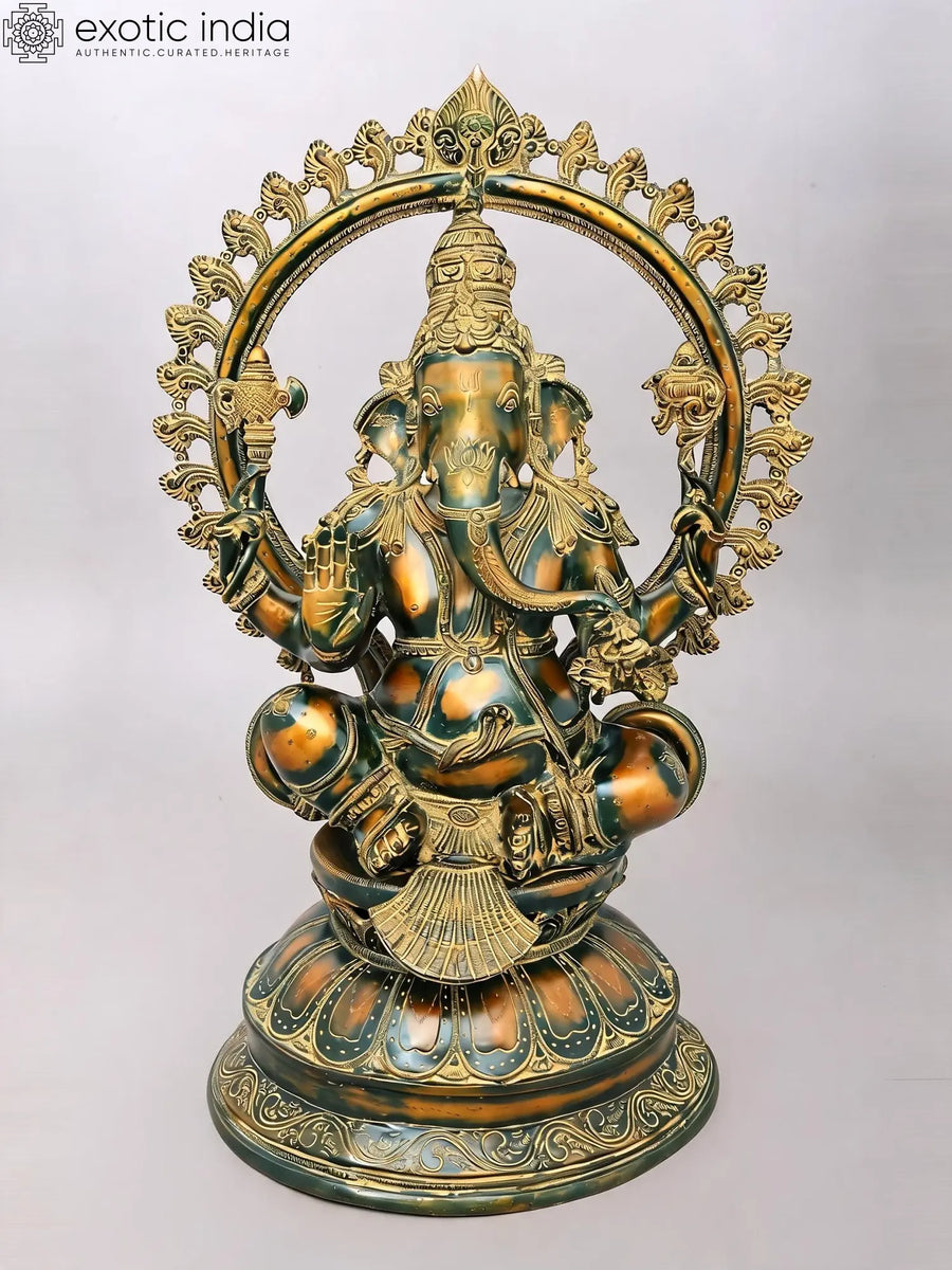 27" Blessing Ganesha Seated on Pedestal Brass Statue