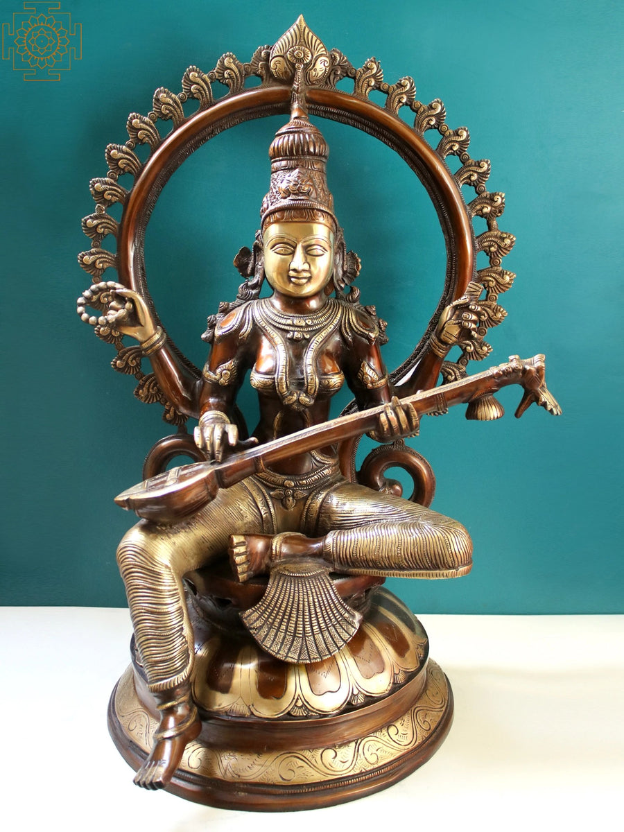 27" Brass Goddess Saraswati Statue on Pedestal for Pooja