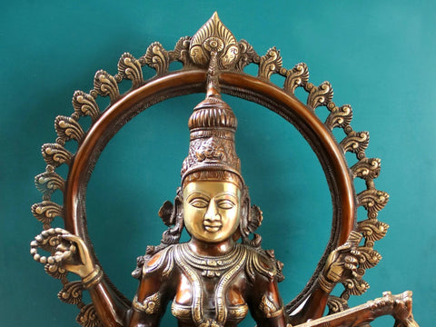 27" Brass Goddess Saraswati Seated on Pedestal