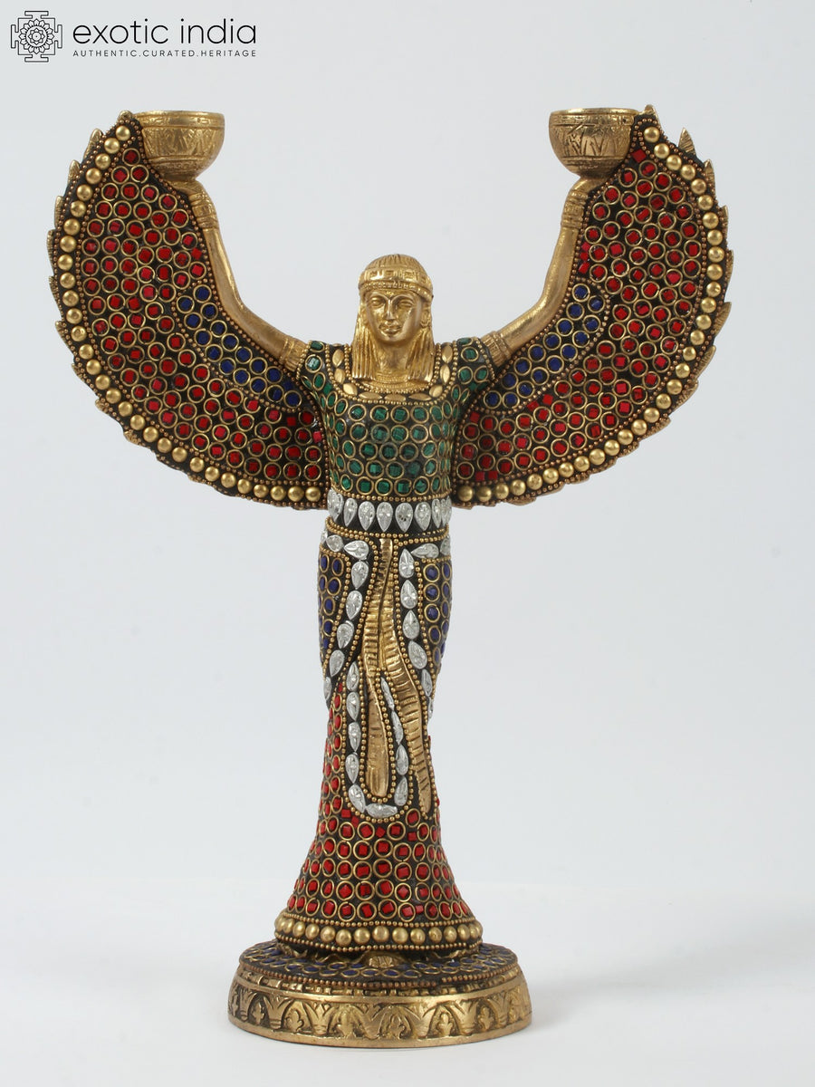 12" Brass Egyptian Goddess Isis Statue with Candle Holder