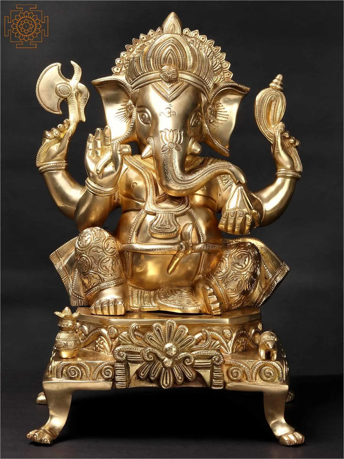 17" Ganesha Seated on Chowki Brass Statue for Pooja
