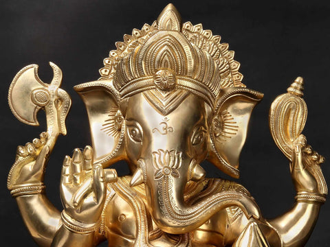 17'' Hindu God Ganesha Seated On Chowki | Brass Statue