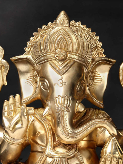 17'' Hindu God Ganesha Seated On Chowki | Brass Statue