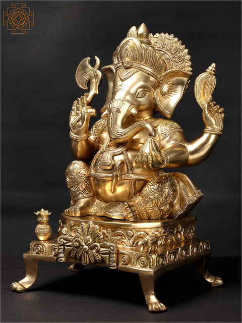 17'' Hindu God Ganesha Seated On Chowki | Brass Statue