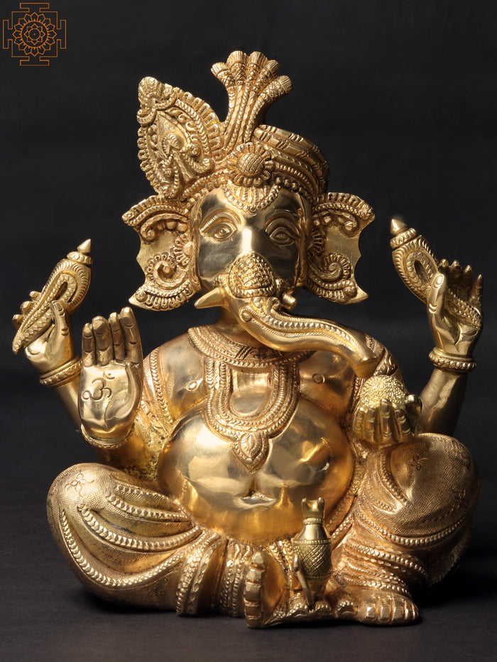 10" Seated Lord Ganesha In Turban Brass Statue