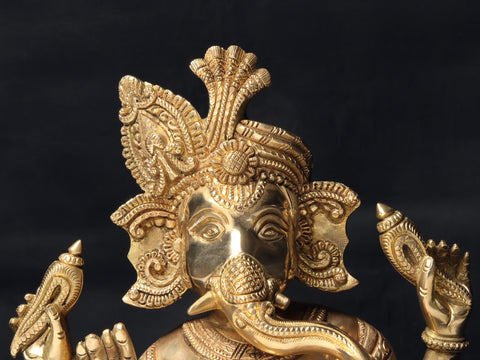 10'' Seated Lord Ganesha In Turban | Brass Statue