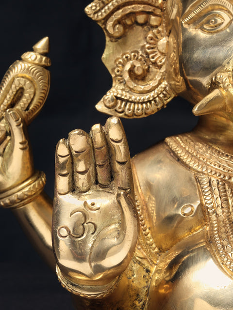 10'' Seated Lord Ganesha In Turban | Brass Statue