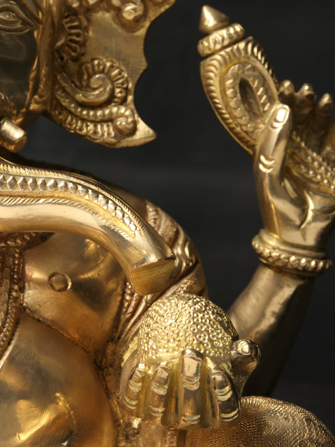 10'' Seated Lord Ganesha In Turban | Brass Statue