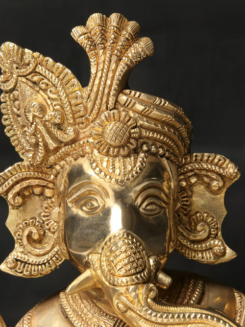 10'' Seated Lord Ganesha In Turban | Brass Statue