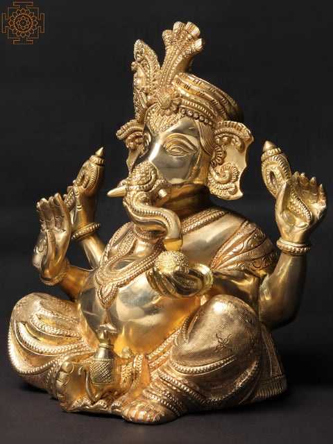 10'' Seated Lord Ganesha In Turban | Brass Statue