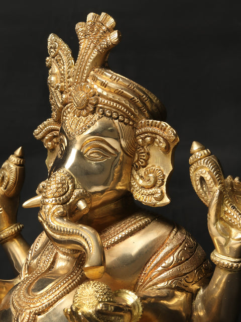 10'' Seated Lord Ganesha In Turban | Brass Statue