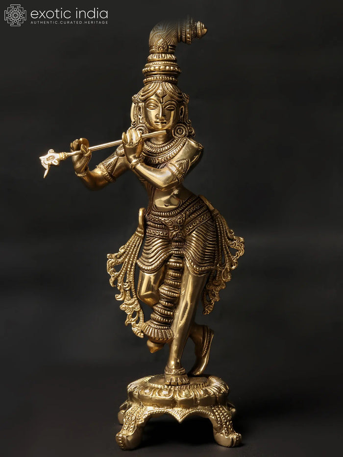 10" Shri Krishna Playing Flute on Chowki Brass Statue