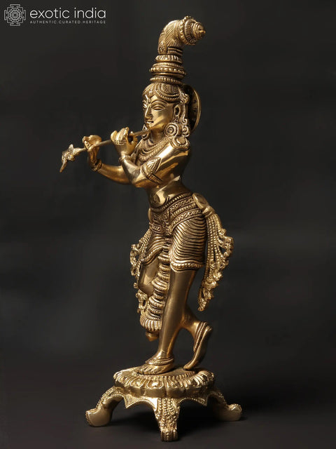 10'' Shri Krishna Playing Flute on Chowki | Brass Statue