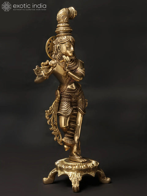 10'' Shri Krishna Playing Flute on Chowki | Brass Statue