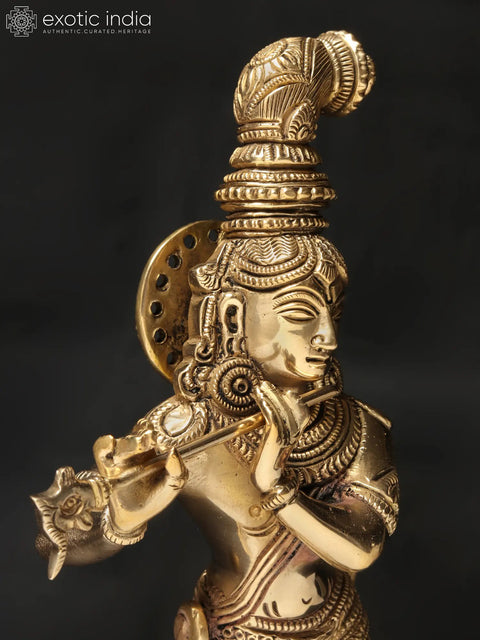 10'' Shri Krishna Playing Flute on Chowki | Brass Statue