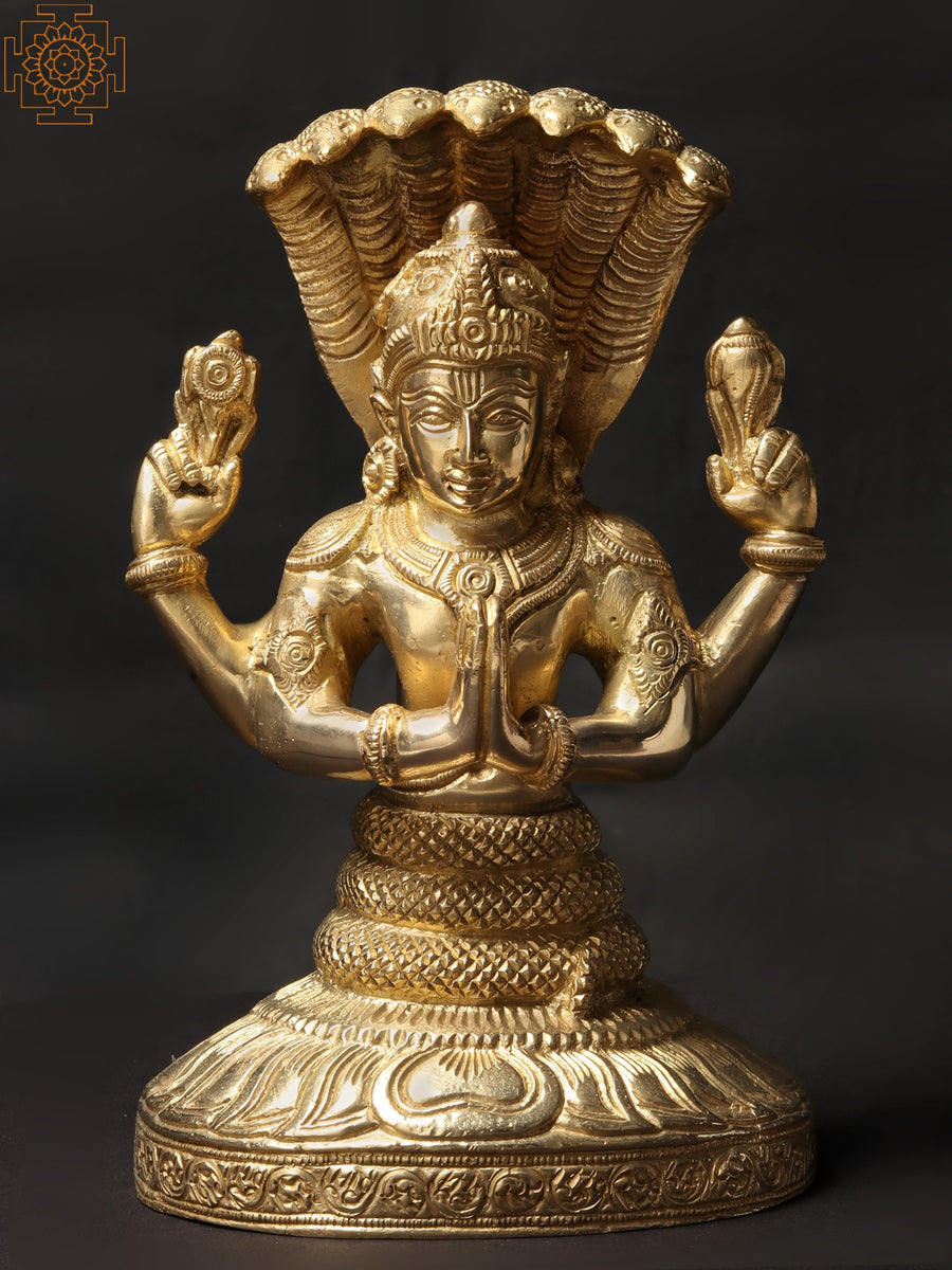 9" Patanjali Brass Statue with Shesha Serpent Handmade