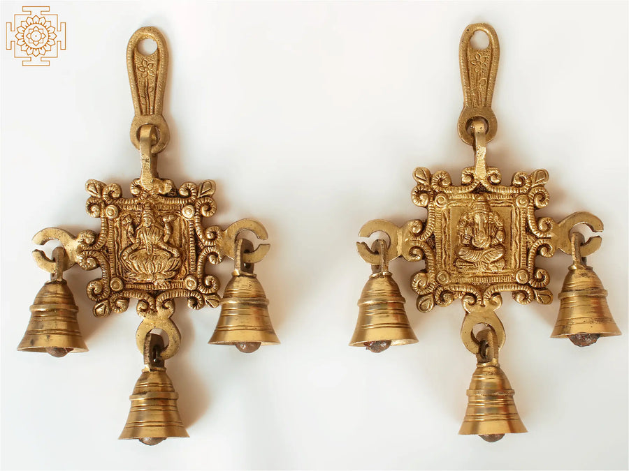 7" Brass Ganesha Lakshmi Wall Hanging Bells for Pooja