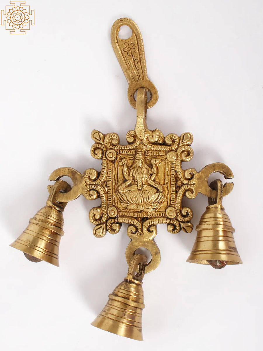 7" Goddess Lakshmi Brass Wall Hanging Bells for Pooja