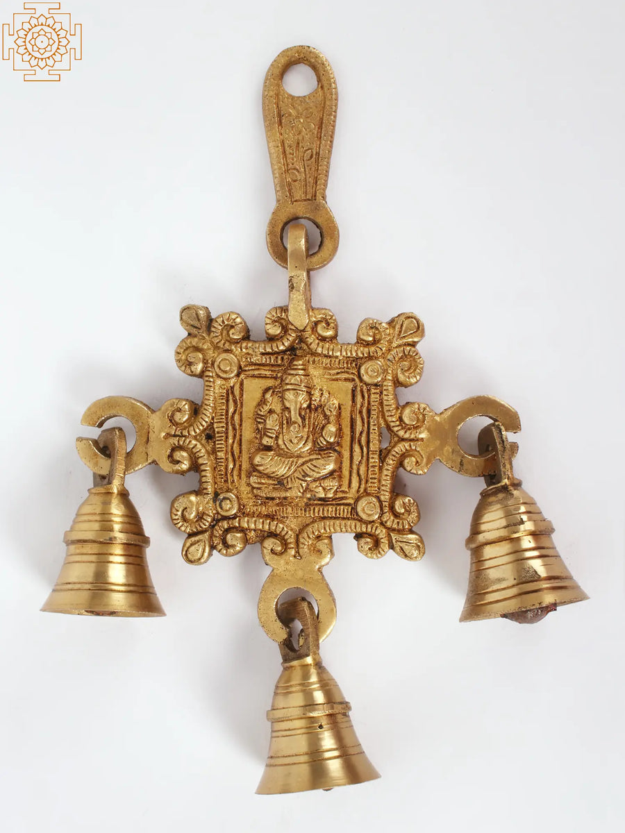 7" Lord Ganesha Brass Wall Hanging Bells with Handmade Details