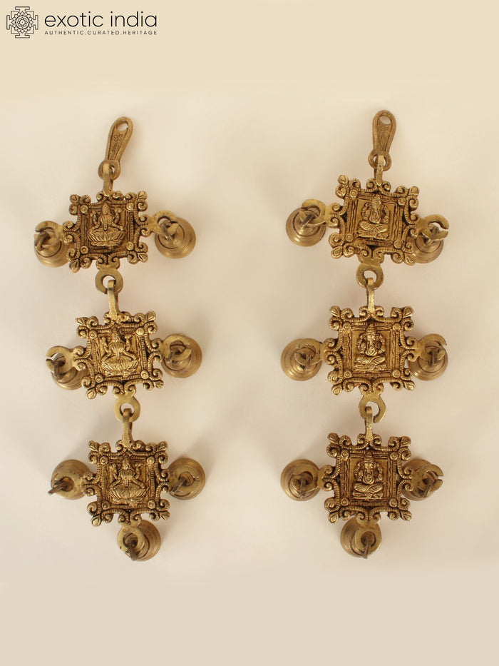 14" Brass Ganesha Lakshmi Hanging Bells Pair for Home Decor
