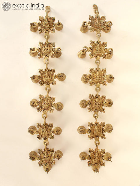 26" Brass Pair of Ganesha Lakshmi Wall Hanging Bells
