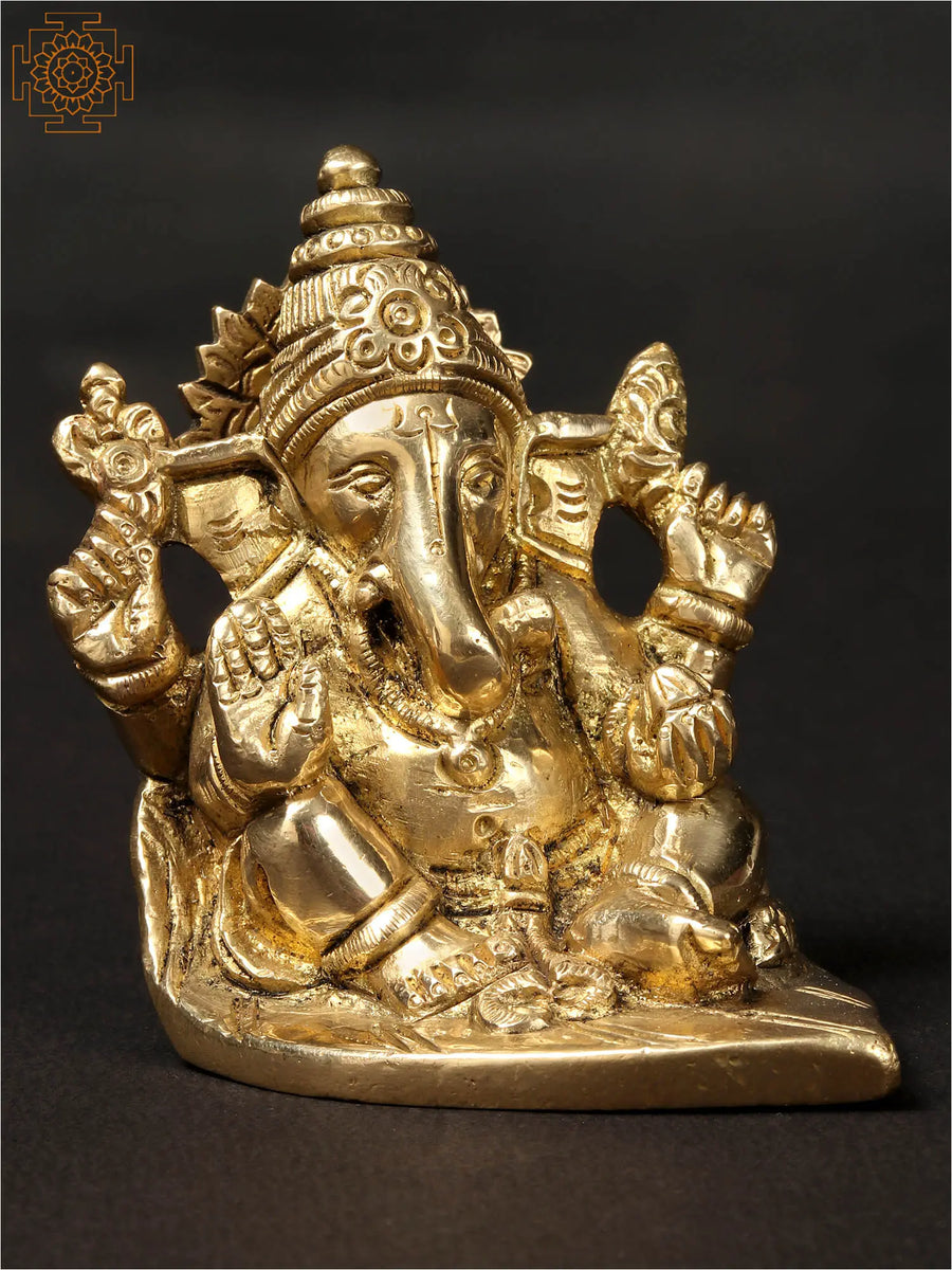 3" Ganesha Seated on Leaf Brass Idol for Pooja