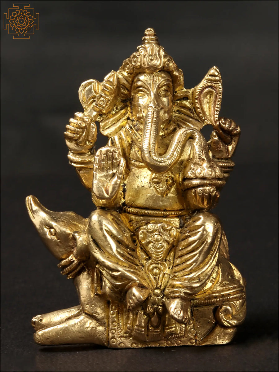 3" Small Brass Ganesha Idol Seated on Mushak