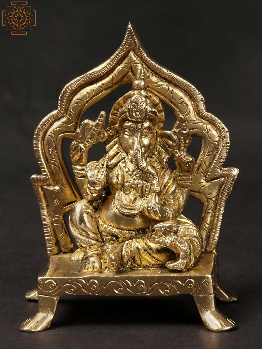 4" Four Handed Ganesha Brass Statue with Arch