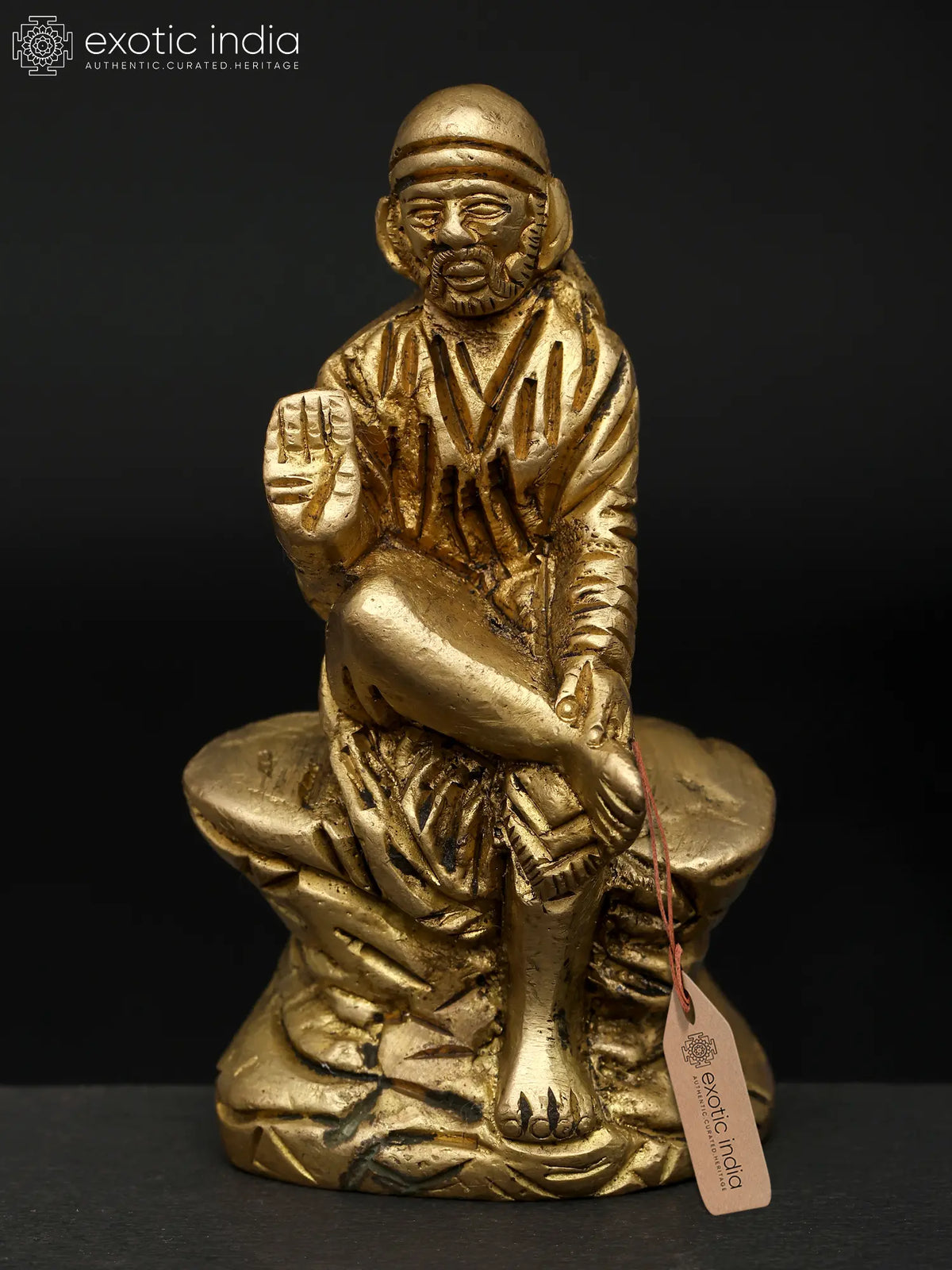 3'' Small Sai Baba Seated on Rock | Brass Statue