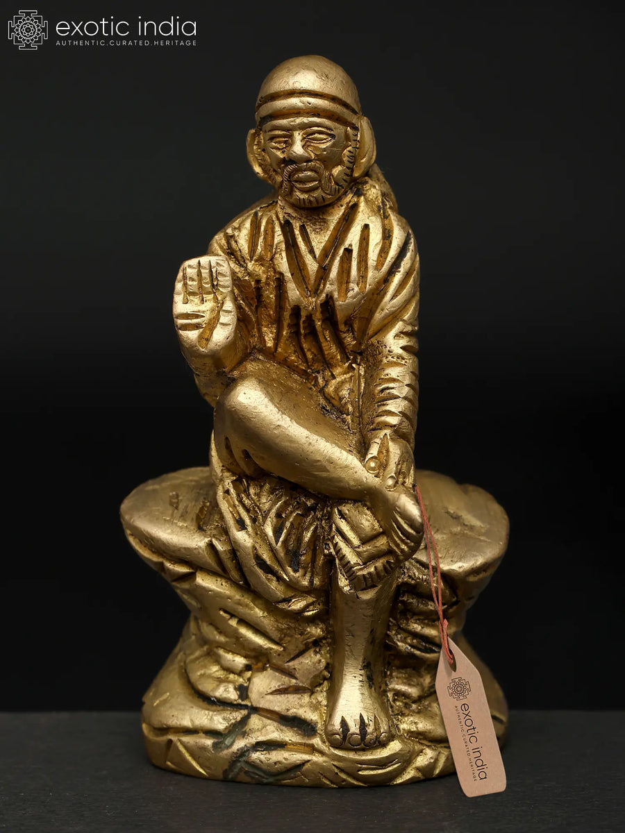 3" Small Sai Baba Seated on Rock Brass Statue