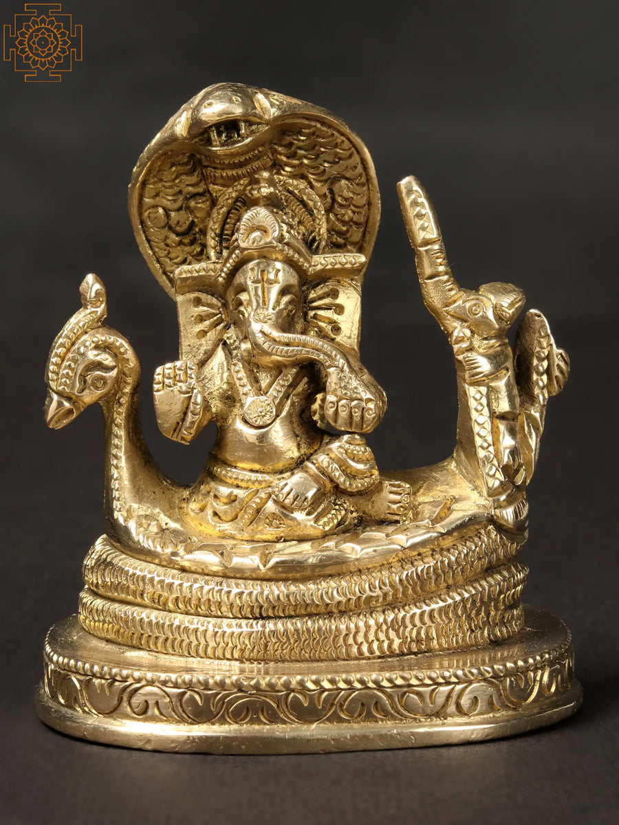 3" Small Ganesha Idol on Sheshnag Throne Brass Statue