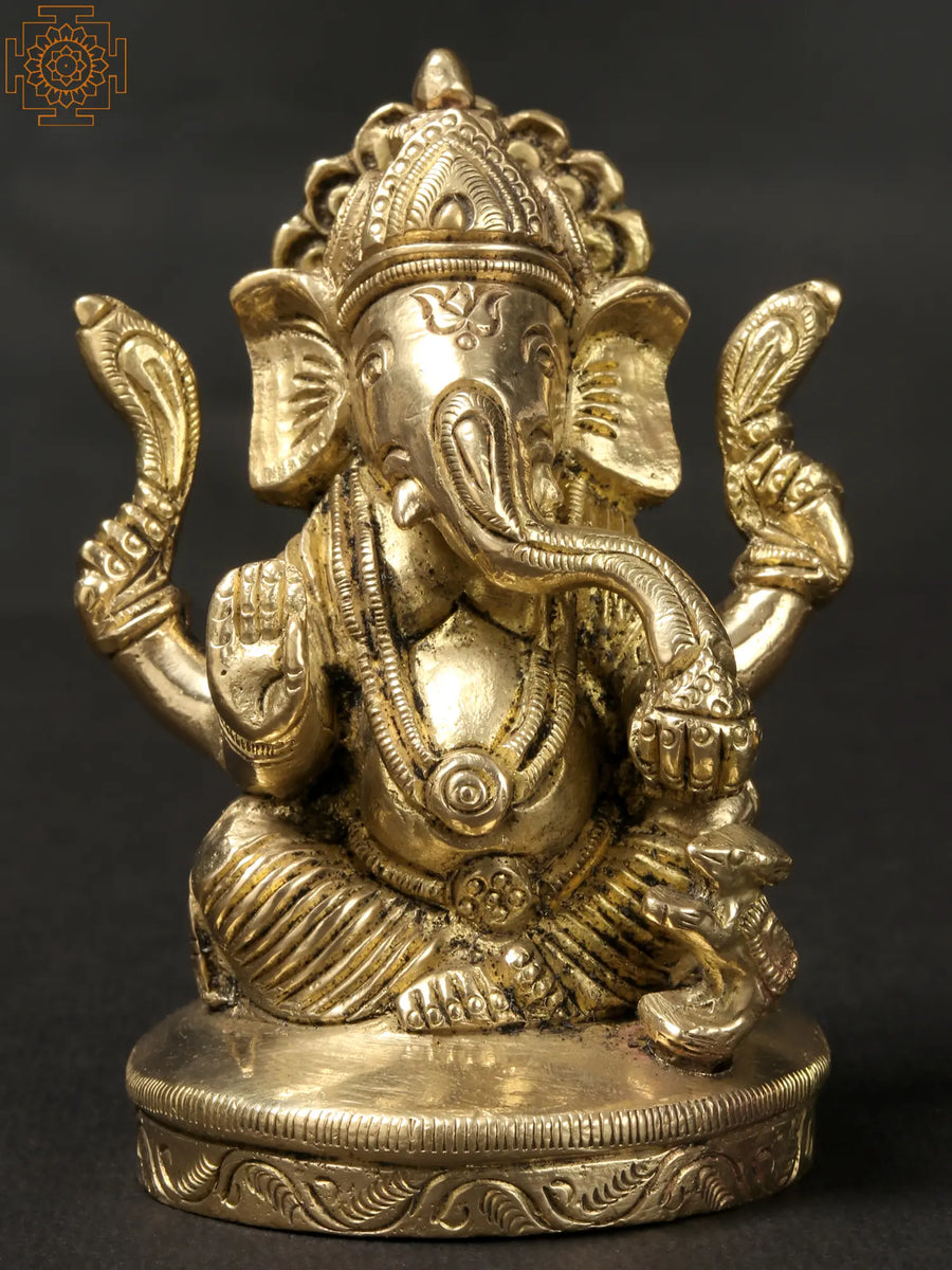 3" Ganesha Savouring Modak Brass Statue for Pooja