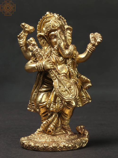 4" Small Standing Musical Ganesha Brass Statue for Pooja