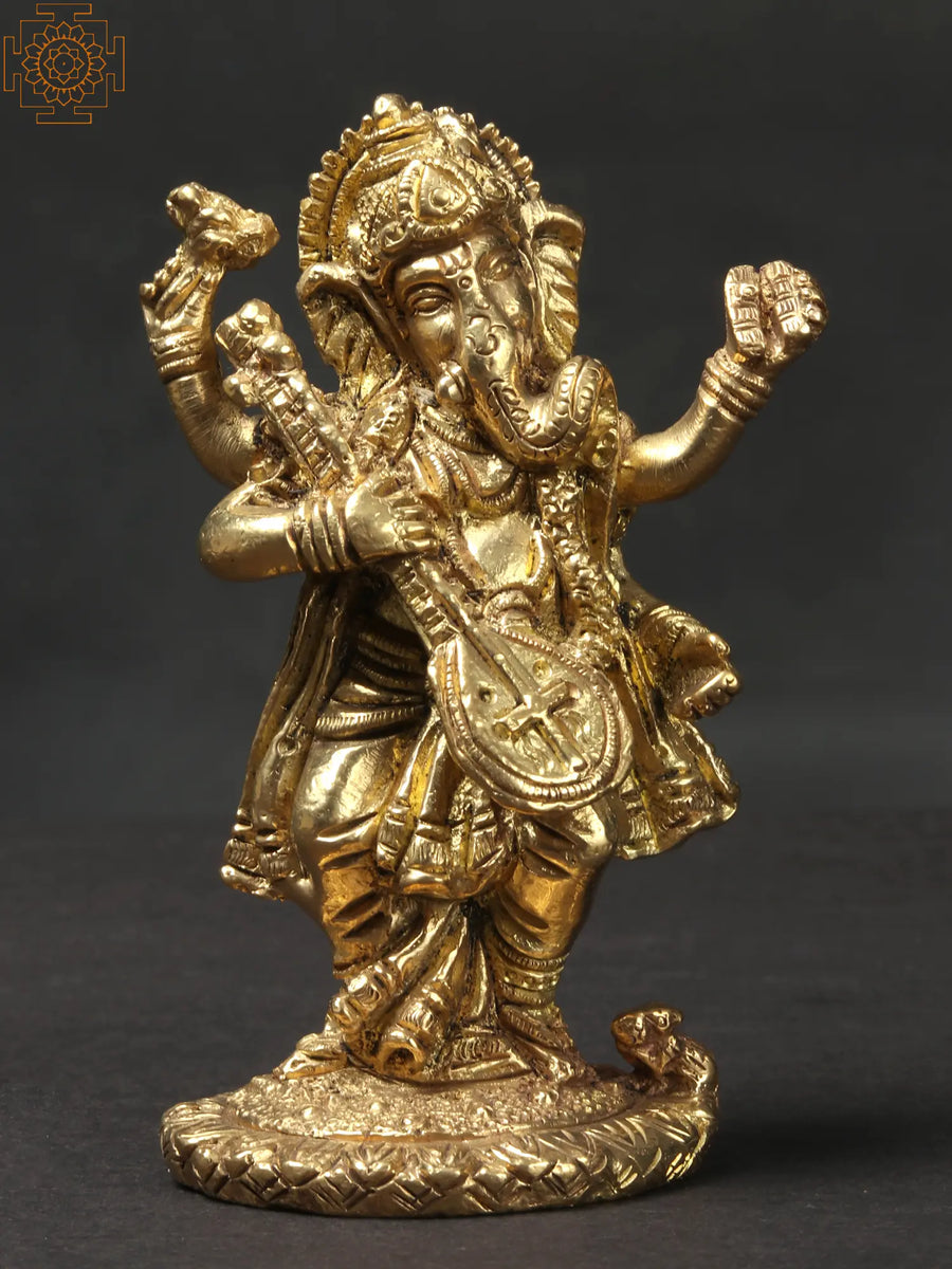 4" Small Standing Musical Ganesha Brass Statue for Pooja