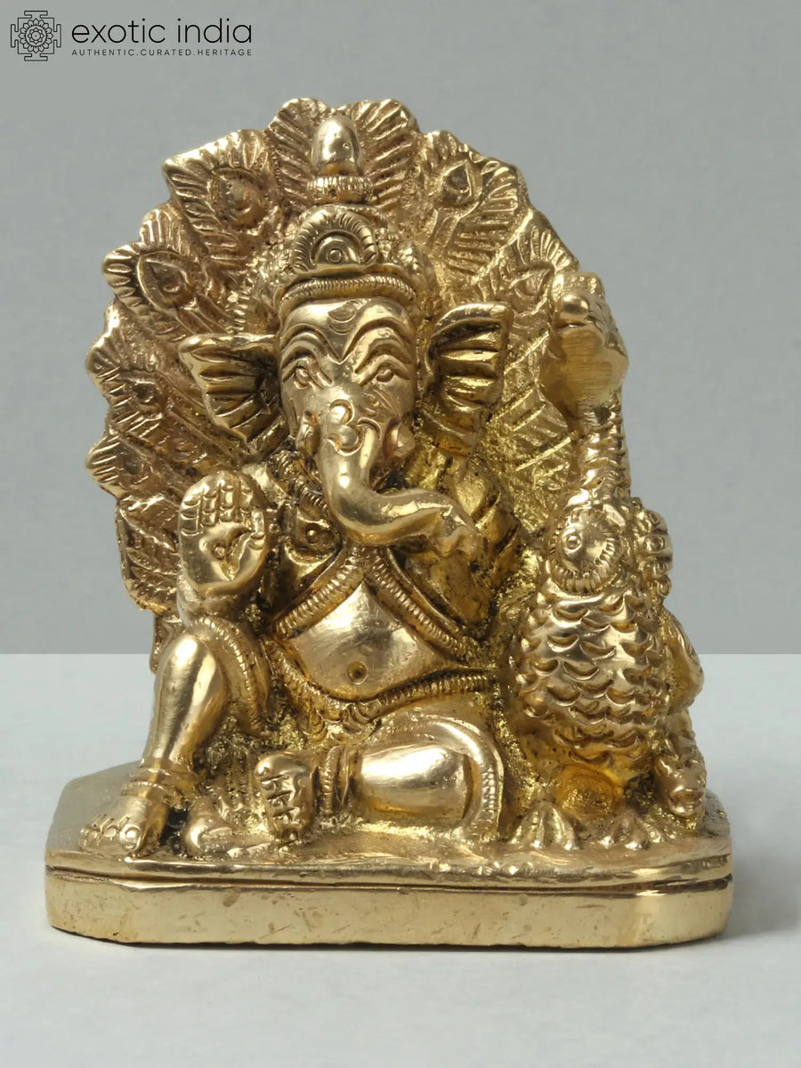 2" Small Lord Ganesha Brass Idol with Peacock Handmade Statue