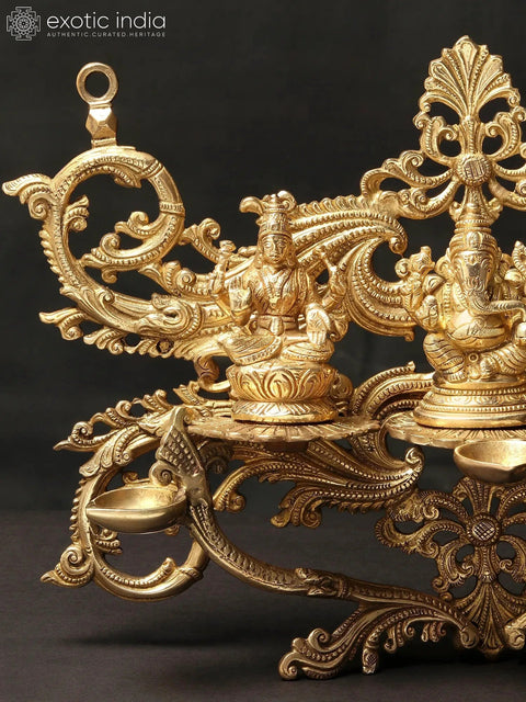 14'' Alluring Lakshmi Ganesha Saraswati Wall Hanging With Dipam | Brass