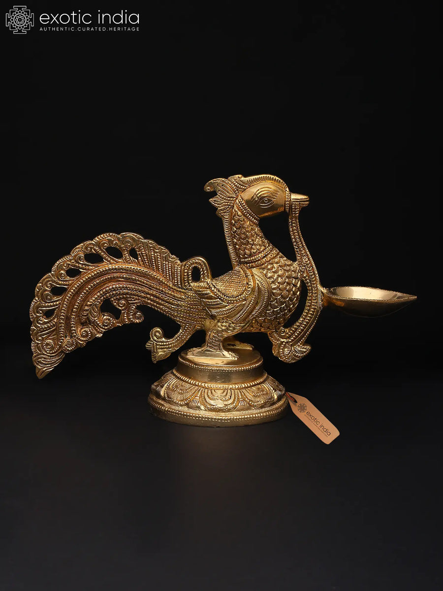 10" Brass Peacock Designer Lamp for Temple Decor