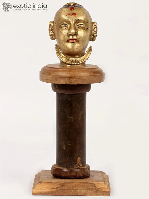 11" Brass Gauri Head Statue with Wooden Stand for Pooja