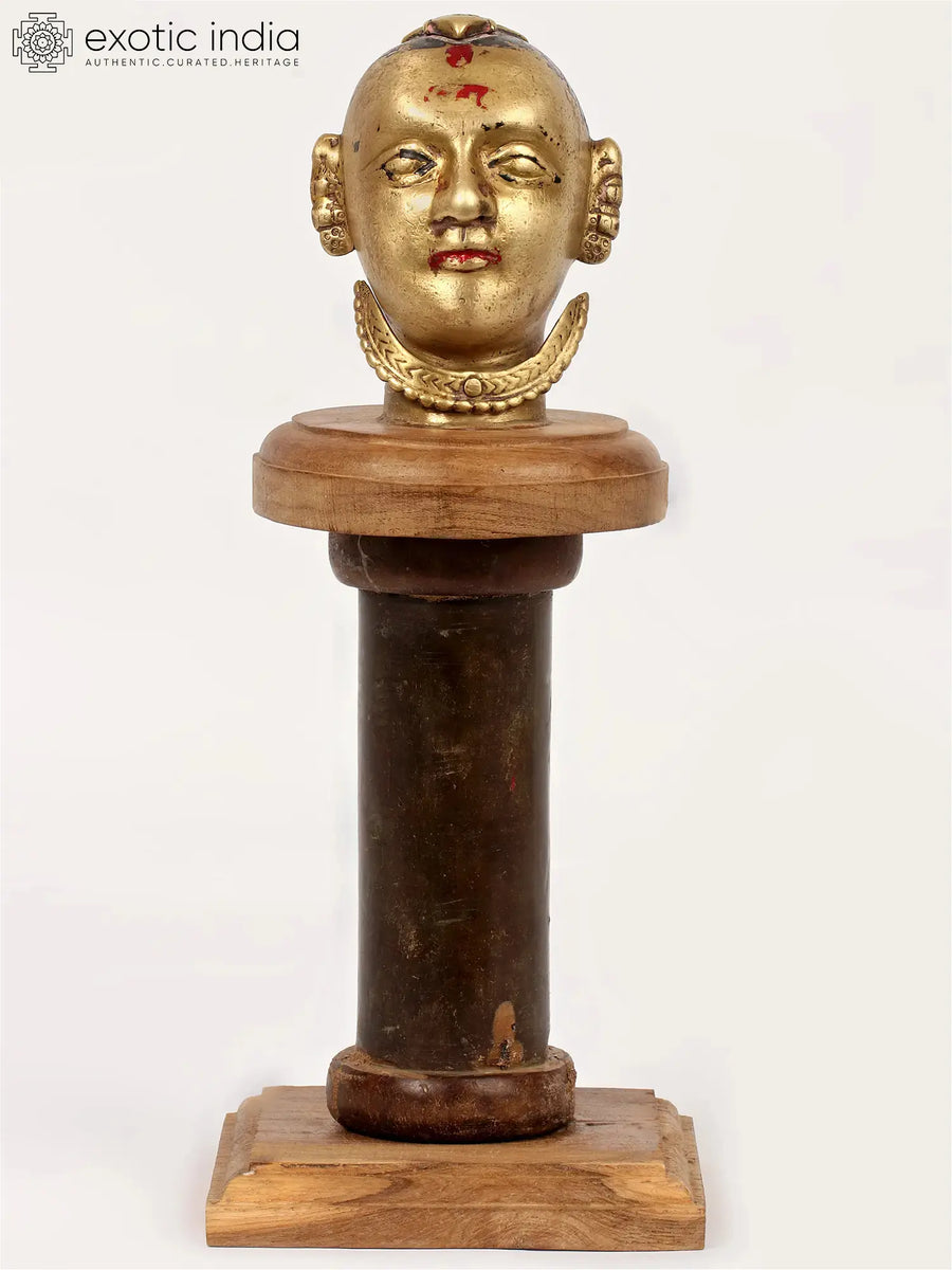 11" Brass Gauri Head Statue with Wooden Stand for Pooja
