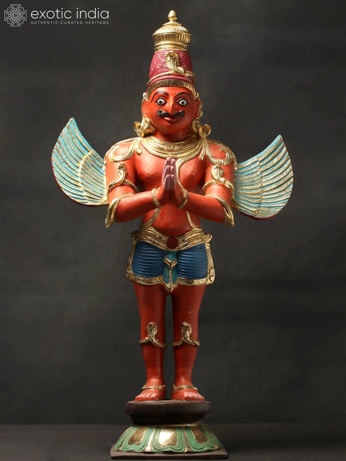 22" Standing Lord Garuda Brass Statue Traditional Colours