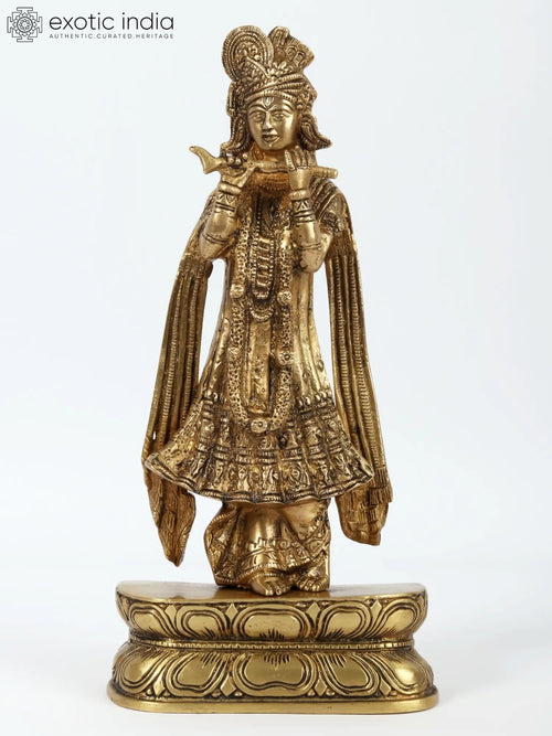 13" Handmade Brass Krishna Gopala Flute Player Statue