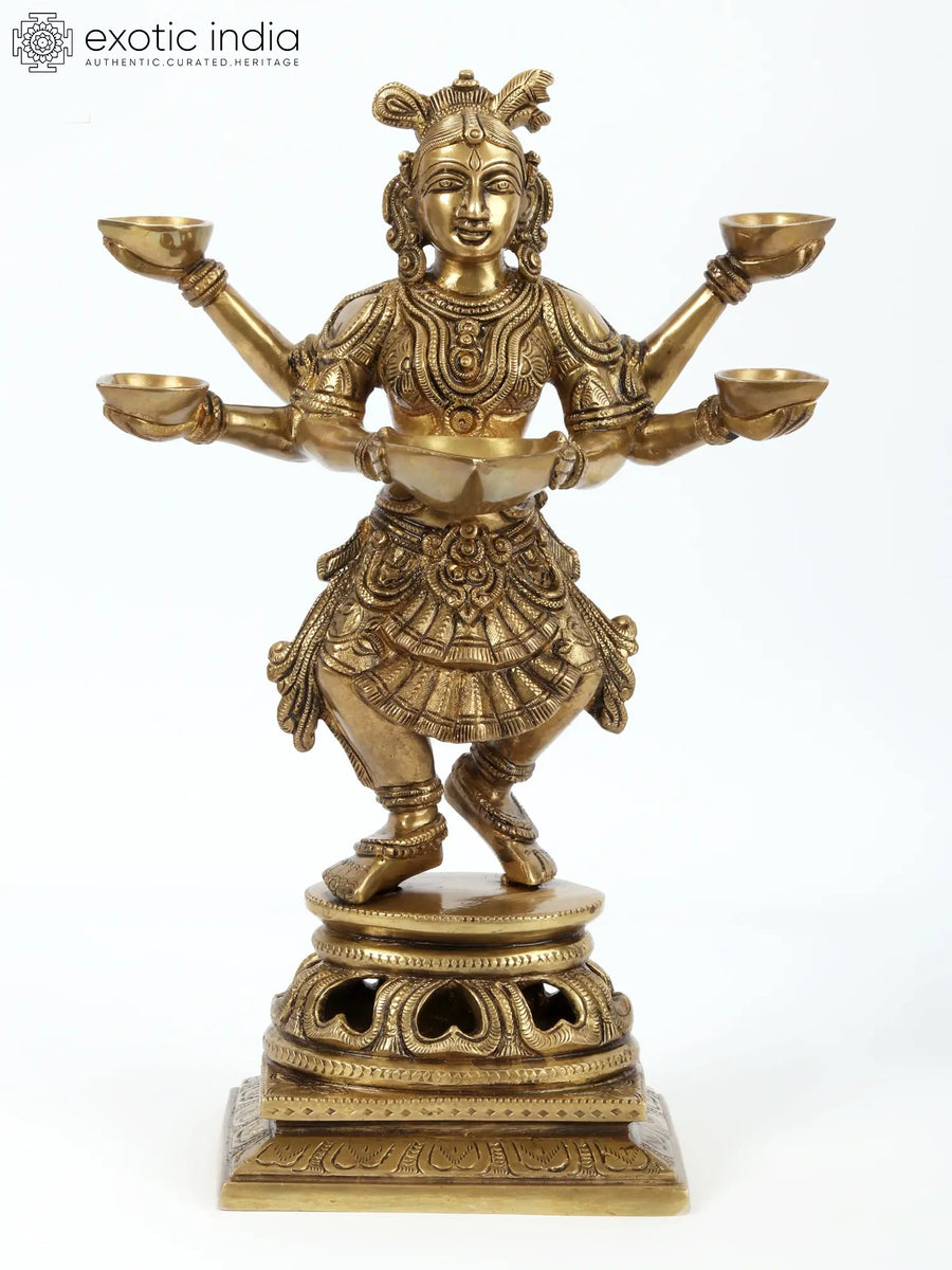 14" Standing Goddess Lakshmi Brass Oil Lamp Idol for Pooja