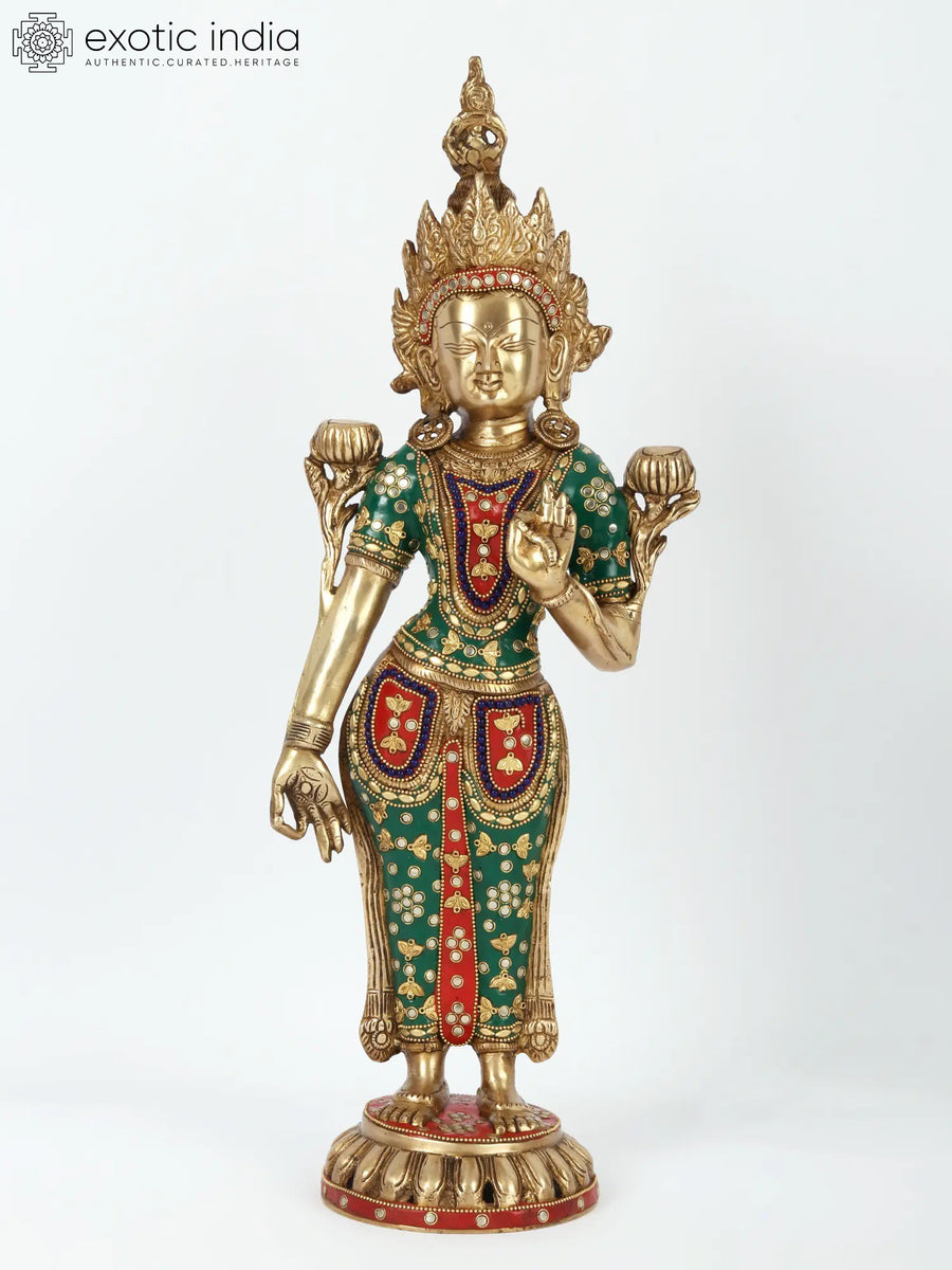 20" Standing Goddess Tara Brass Statue with Stone Work