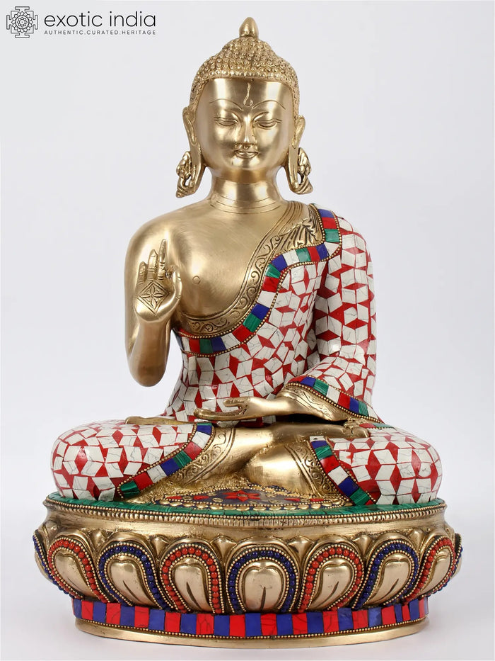 15" Brass Buddha Vitarka Mudra Statue with Inlay Work