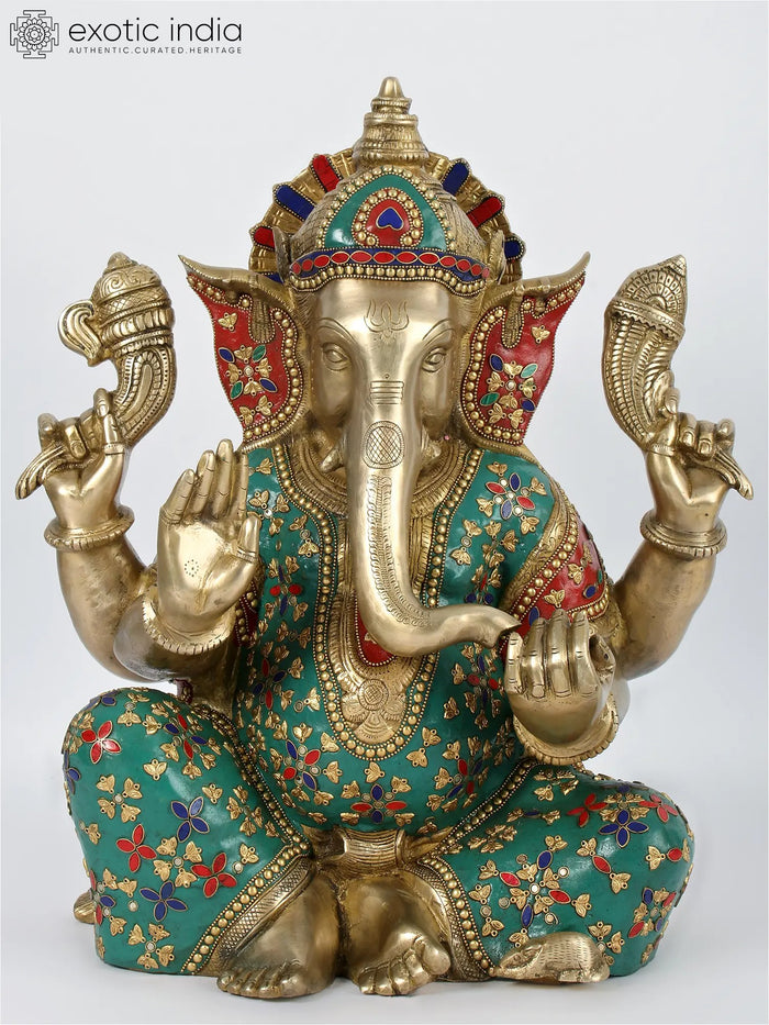 19'' Seated Ganesha With Colorful Stone Work Brass Statue