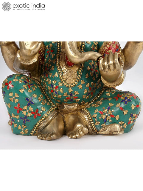 19'' Seated Ganesha With Colorful Stone Work | Brass