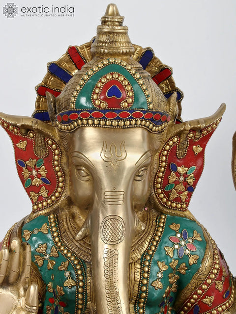 19'' Seated Ganesha With Colorful Stone Work | Brass