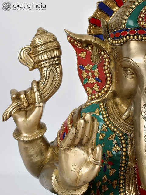 19'' Seated Ganesha With Colorful Stone Work | Brass