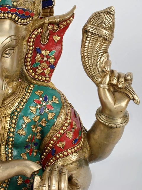 19'' Seated Ganesha With Colorful Stone Work | Brass