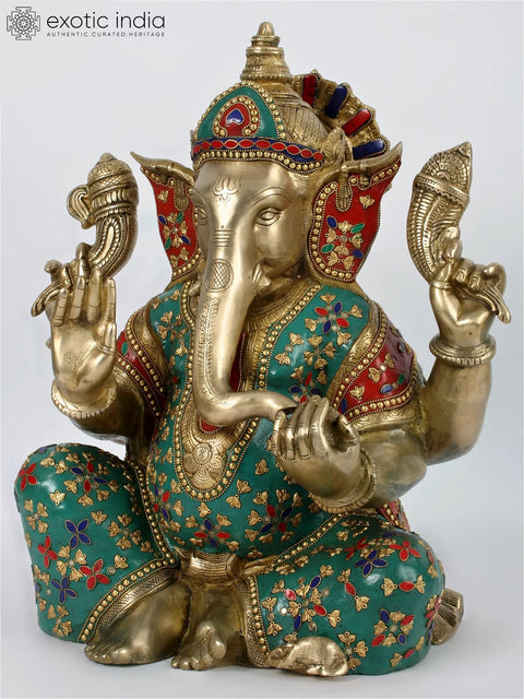 19'' Seated Ganesha With Colorful Stone Work | Brass